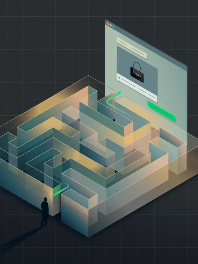 A digital maze representing secure online payment processing with an Adyen webpage.