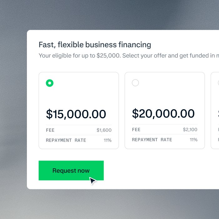 A digital payment options screen showing business financing choices with a Request now button