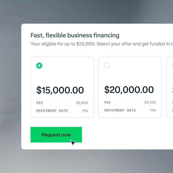A digital payment options screen showing business financing choices with a Request now button