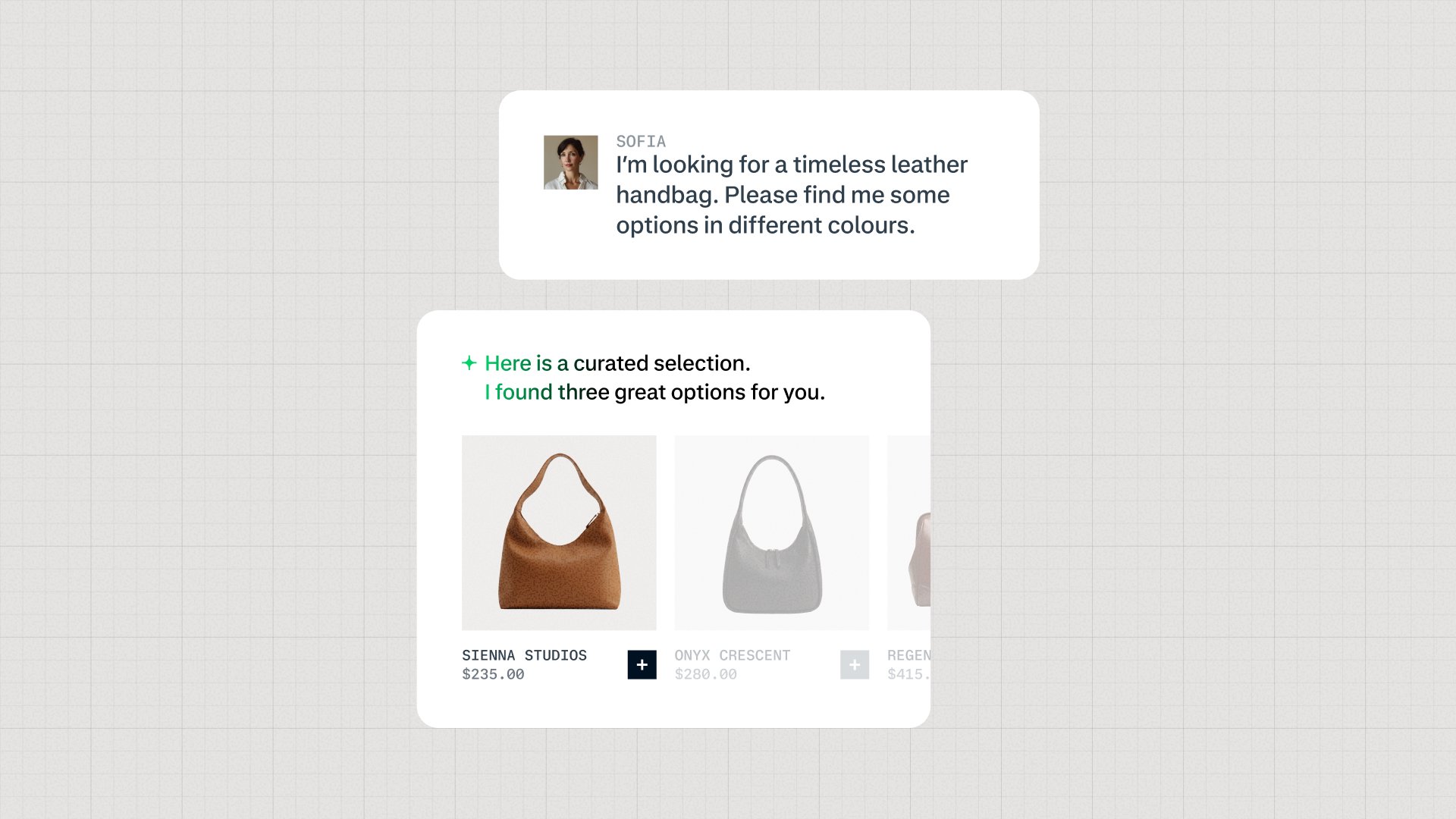 Customer browsing leather handbag options with a curated selection shown on screen