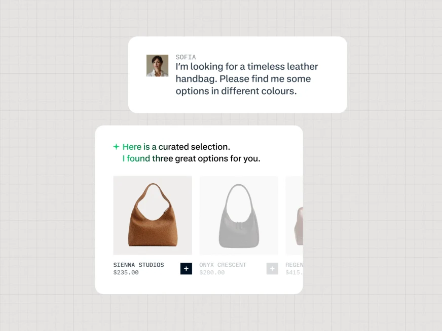 Customer browsing leather handbag options with a curated selection shown on screen