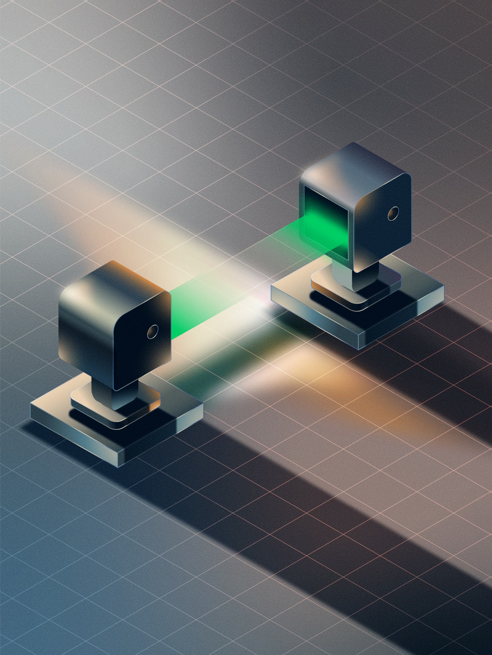 Editorial illustration of two machines forming a green digital bridge between them.