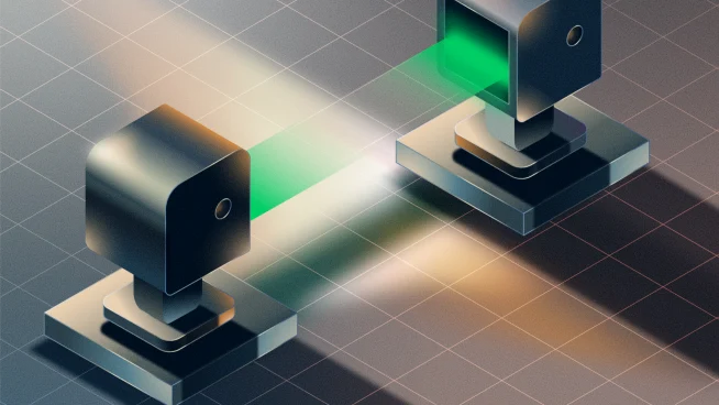 Editorial illustration of two machines forming a green digital bridge between them.