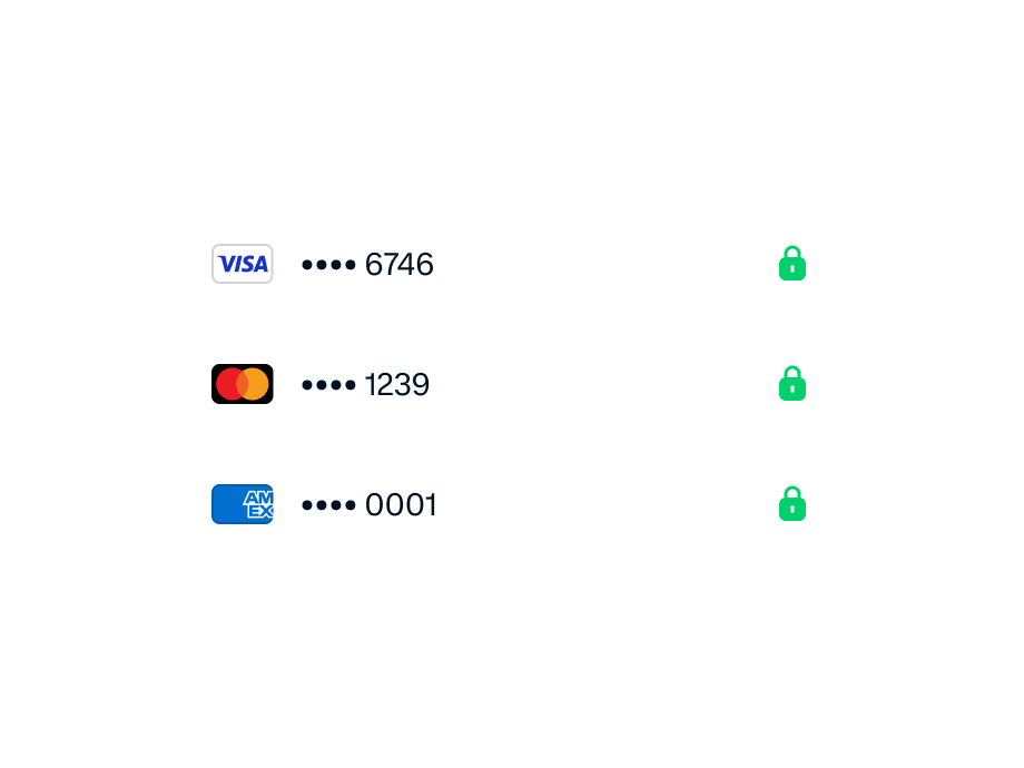 Digital payment cards shown on a screen with Adyen security icons, highlighting secure payment options.