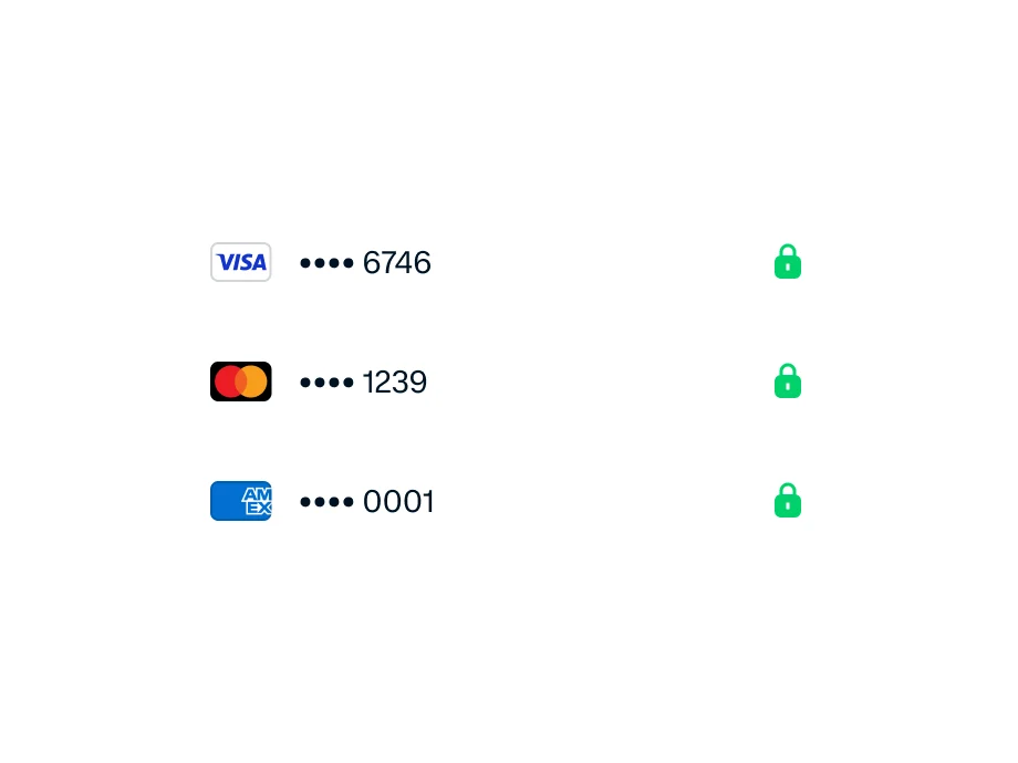 Digital payment cards shown on a screen with Adyen security icons, highlighting secure payment options.