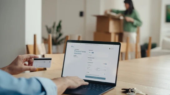 People unpacking and finishing home insurance subscription