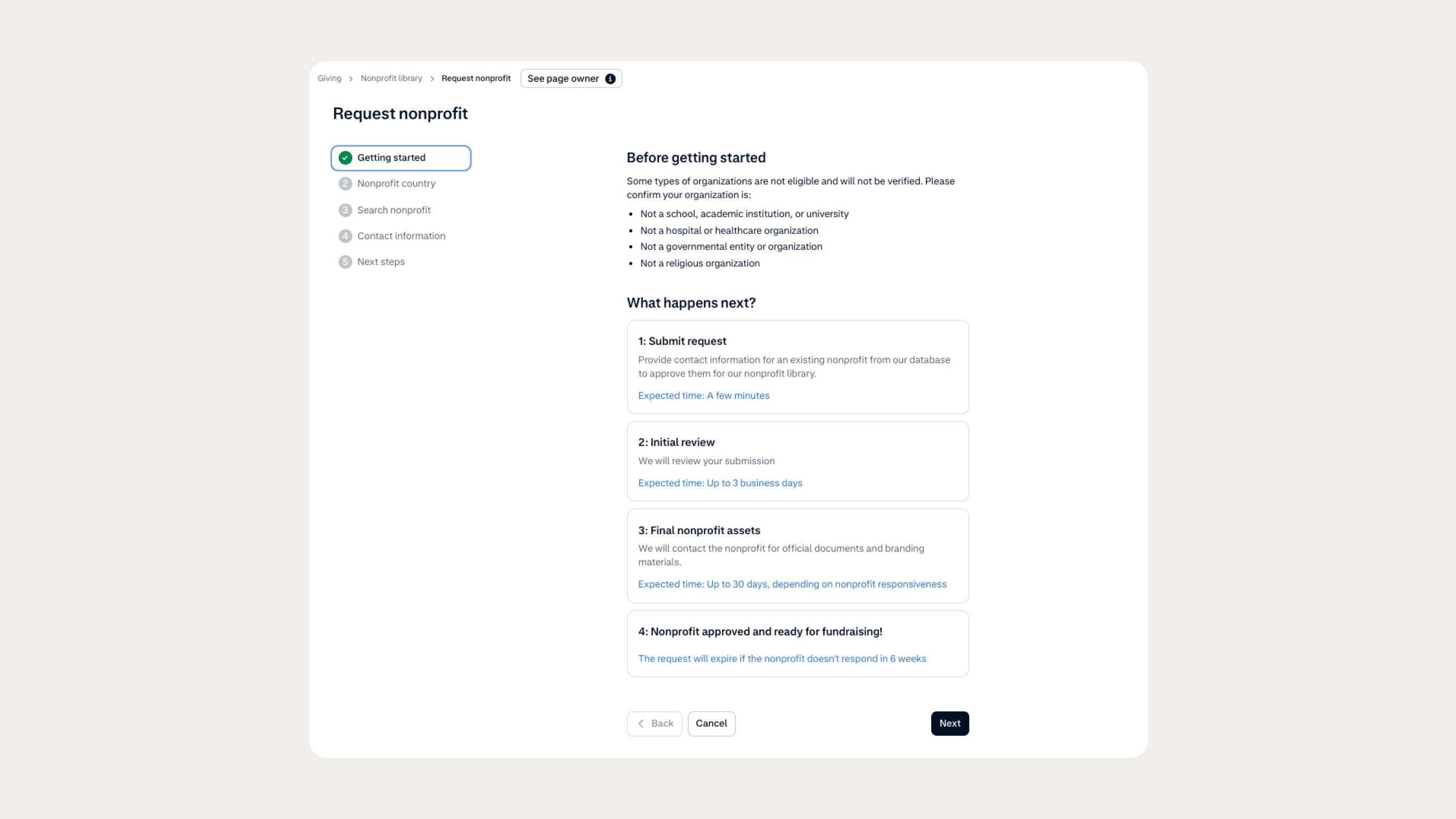 Screen showing an online donation request form for a nonprofit supported by Adyen.