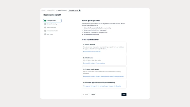 Screen showing an online donation request form for a nonprofit supported by Adyen.