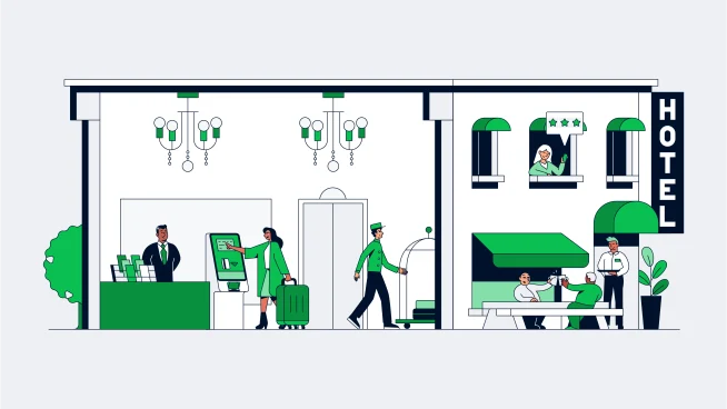 Illustration zeigt verschiedene Aktivitäten in einem Hotel, darunter Check-in, Gepäckhilfe und Essen.