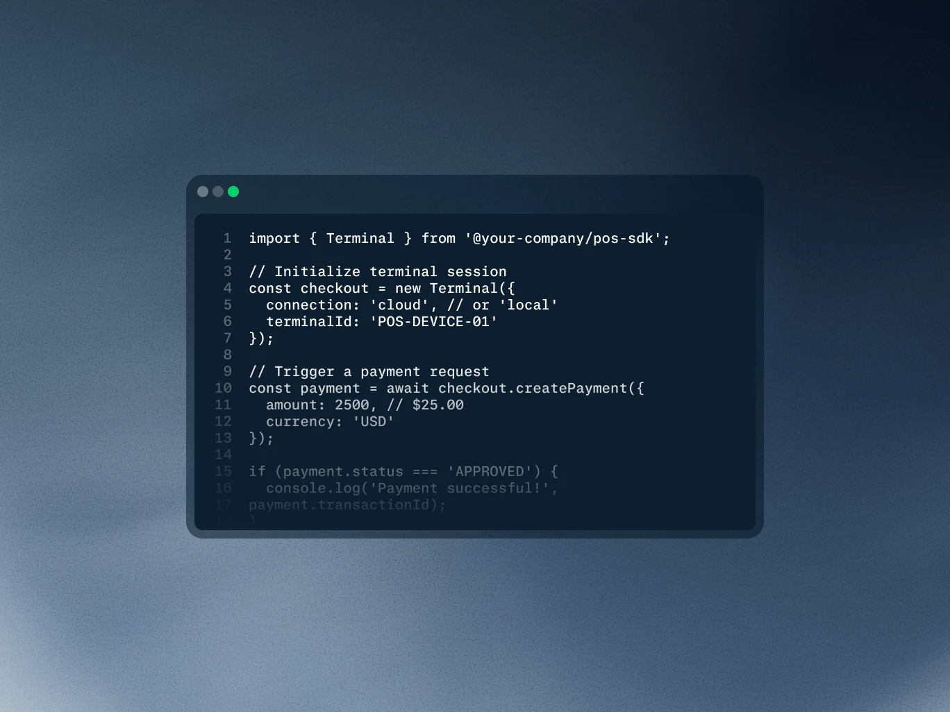 A terminal window showing payment processing code from an Adyen SDK, on a dark background.