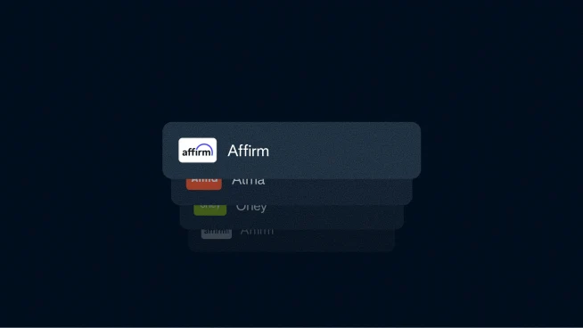 A digital payment screen showing Affirm option, provided by Adyen.