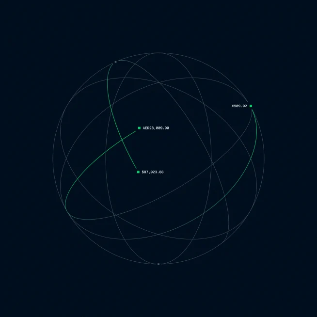 A digital visualization of satellite orbits and data points representing global payment activity.