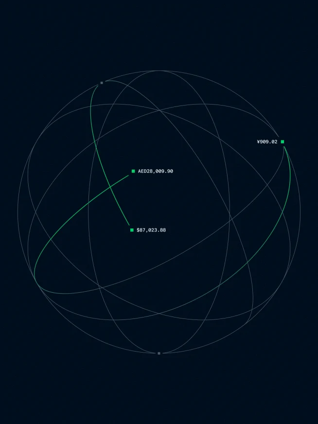 A digital visualization of satellite orbits and data points representing global payment activity.
