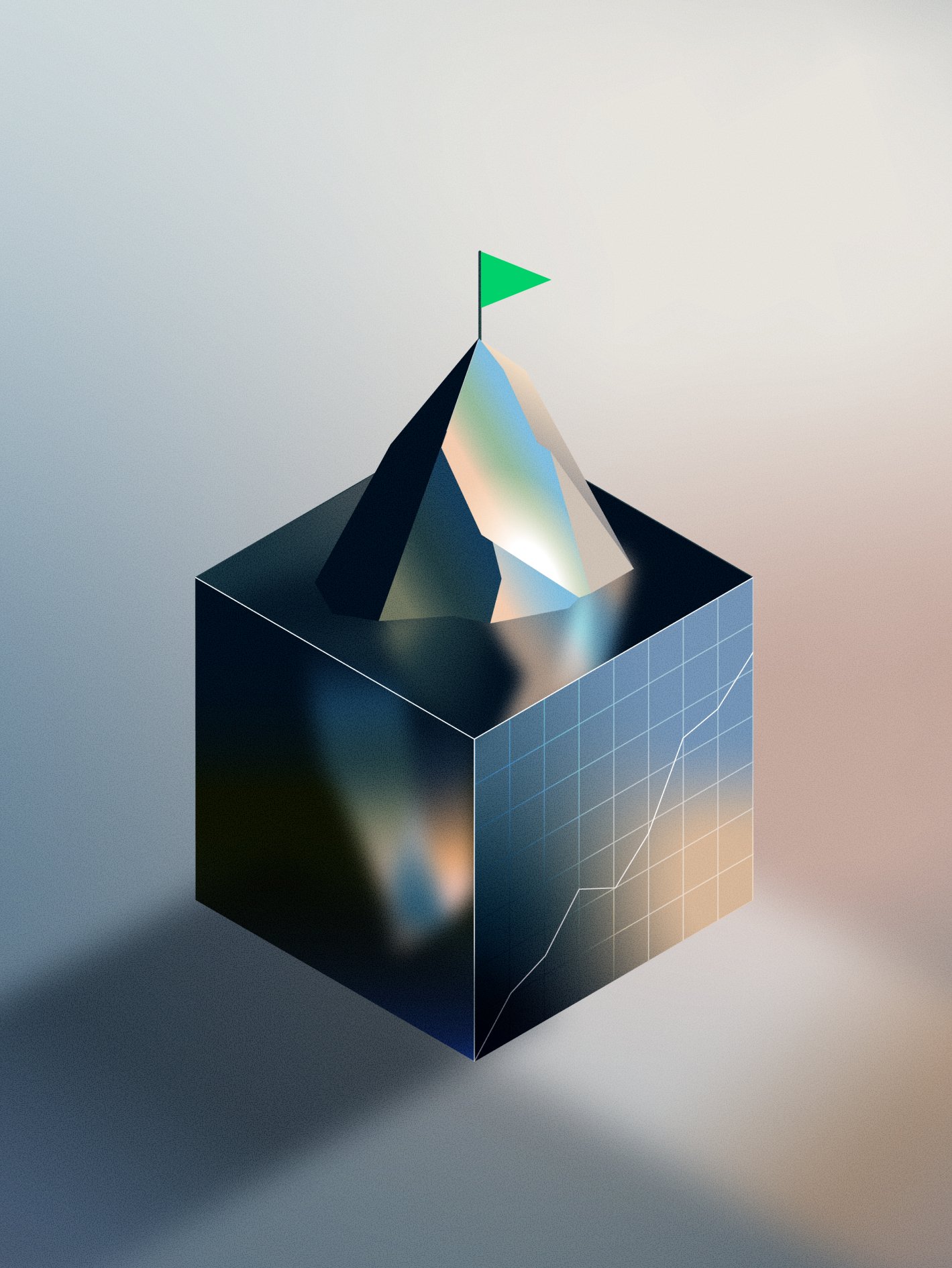 Illustration of an iceberg sticking out of a cube showing a graph that is growing