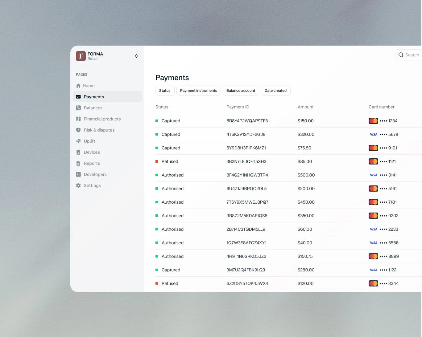 Screenshot of a payment dashboard showing transactions processed via an Adyen terminal.