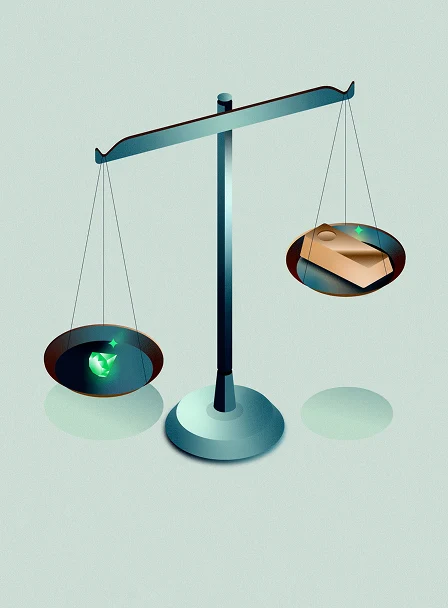 Scales balancing a payment with a recycling symbol and an Adyen payment icon