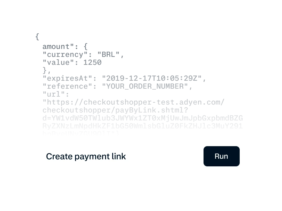 A person clicks a button labeled Create payment link on an Adyen platform, with a Run button below.