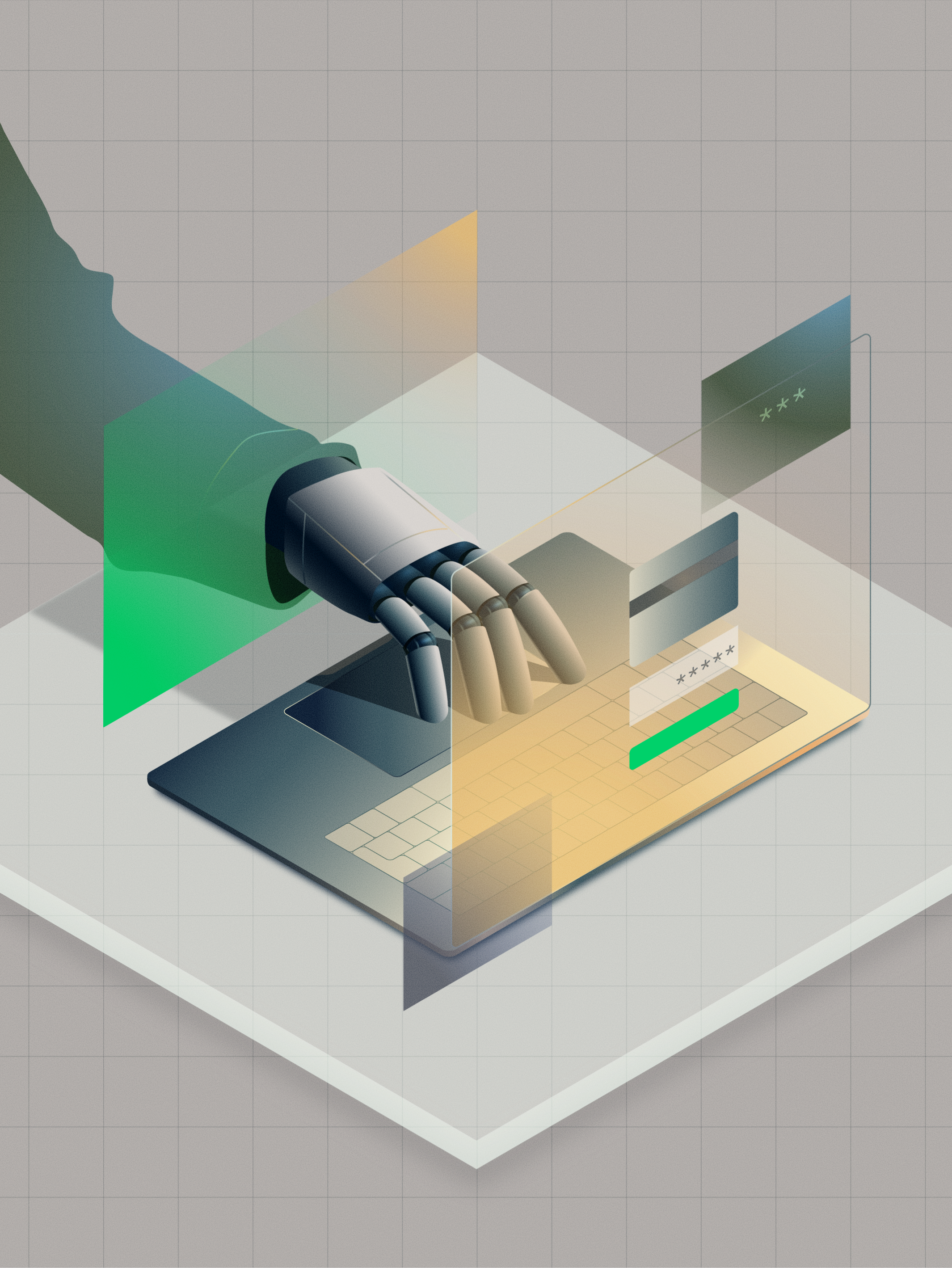 A robotic hand interacts with a digital payment terminal on a laptop screen.