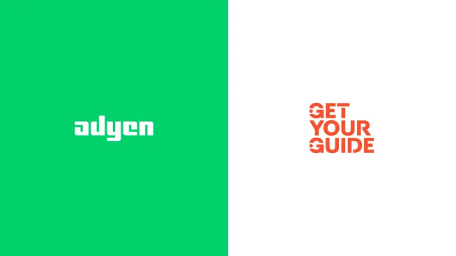 Adyen logo with Get Your Guide text, suggesting a partnership or collaboration between the brands.