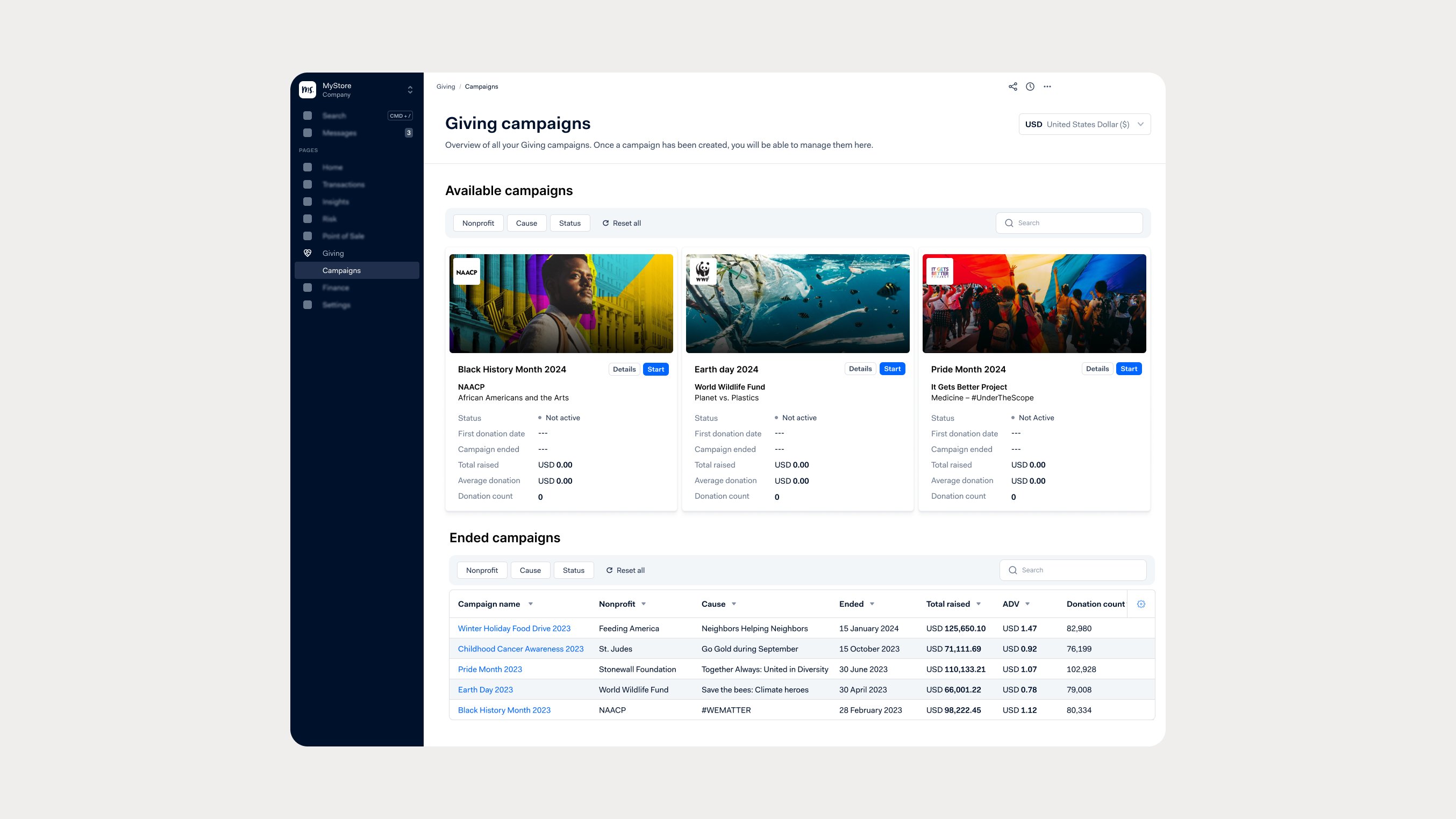 Dashboard showing available and ended campaigns on Adyen platform.