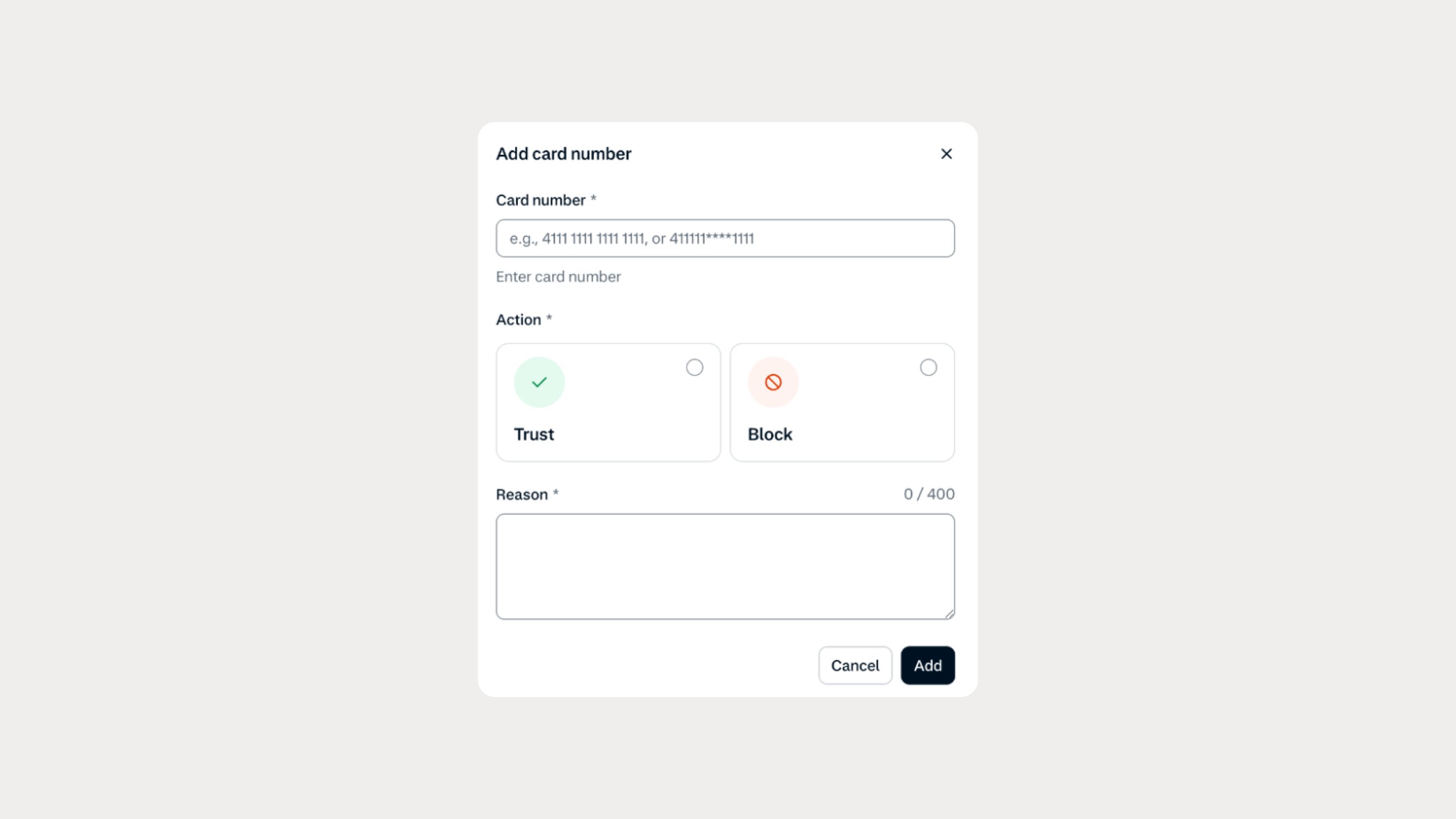 A digital interface for adding a card detail, showing options to trust or block a payment transaction.