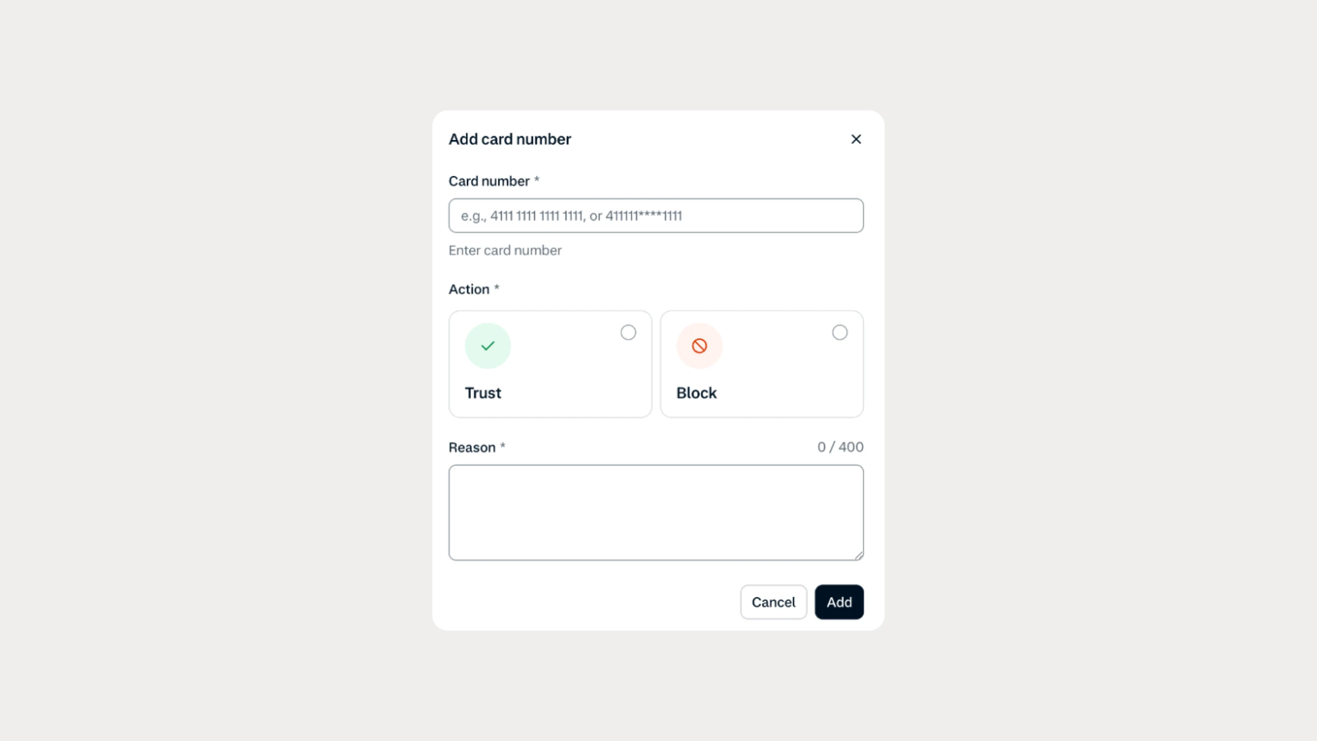 A digital interface for adding a card detail, showing options to trust or block a payment transaction.