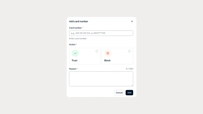 A digital interface for adding a card detail, showing options to trust or block a payment transaction.