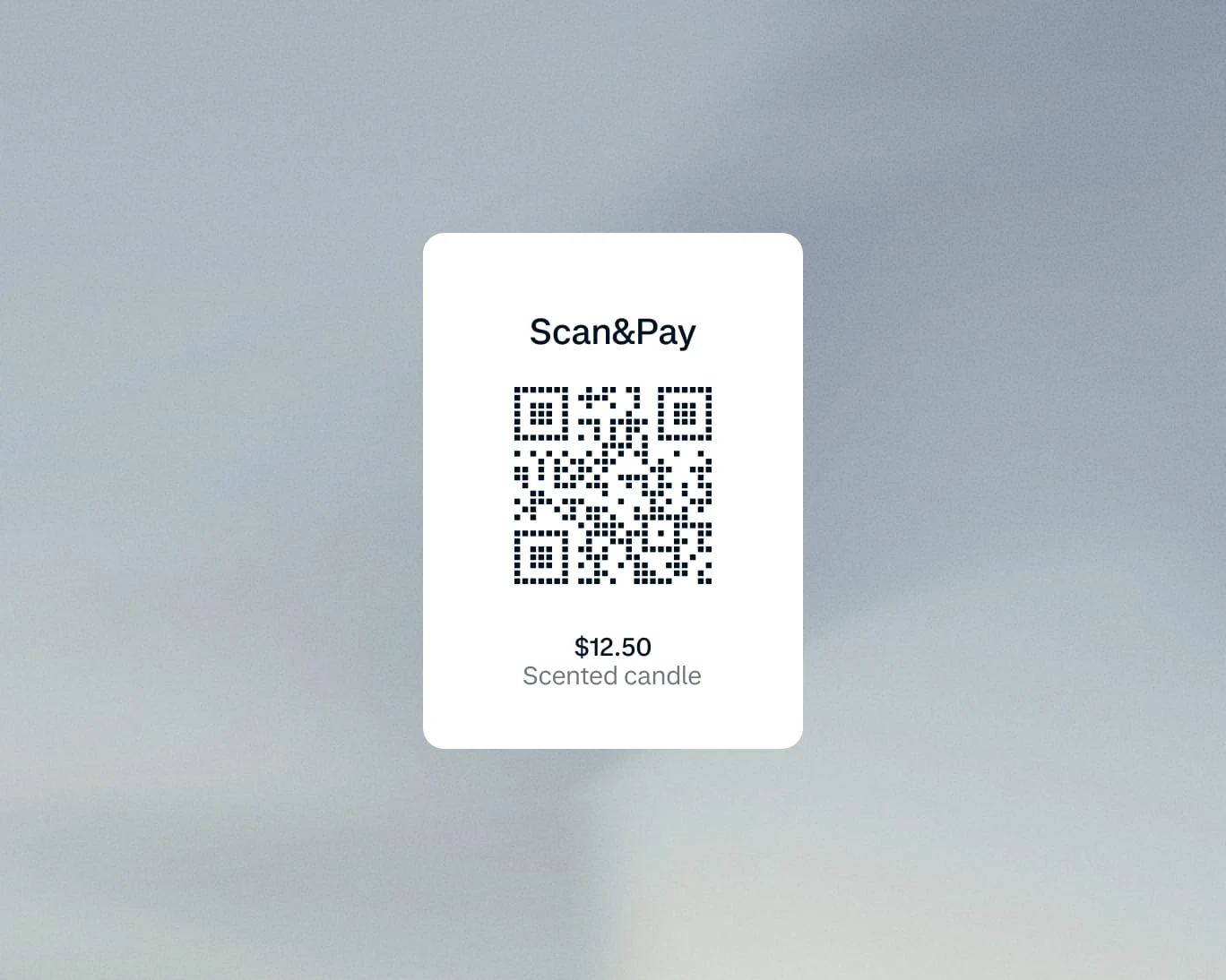 A QR code for Scan&Pay on a screen, showing a $12.50 scented candle purchase, paid with an Adyen terminal.