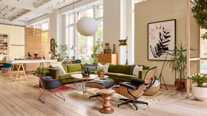 Stylish lounge with seating, plants, and artwork in a bright modern interior of an Adyen office space