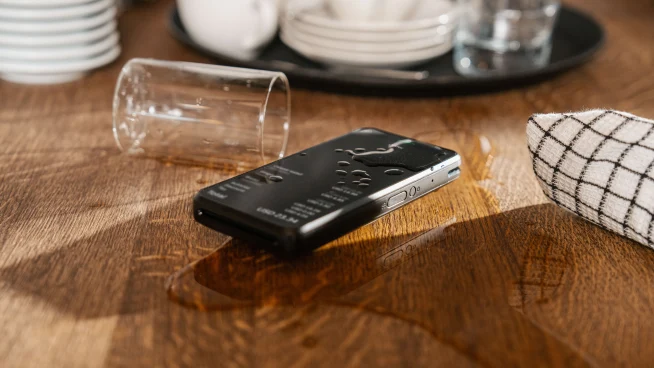 Black smartphone on wooden table near a spilled glass and dishware in a restaurant setting