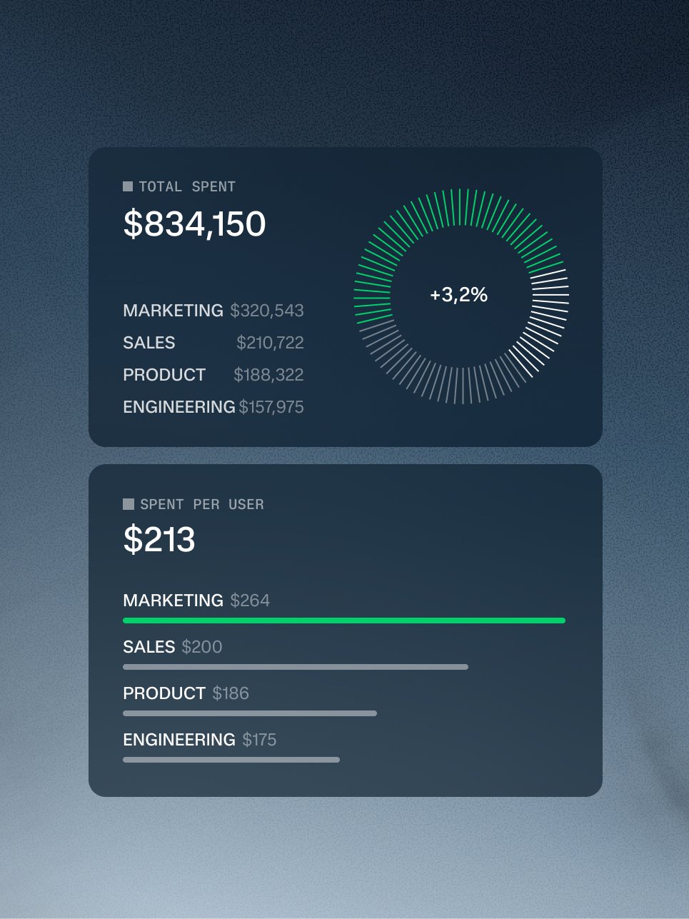 Dashboard showing total and per-user spending analytics from an Adyen business report