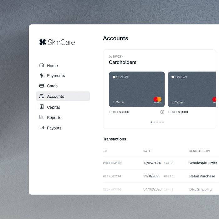 Digital banking interface showing account overview and transaction details for business management