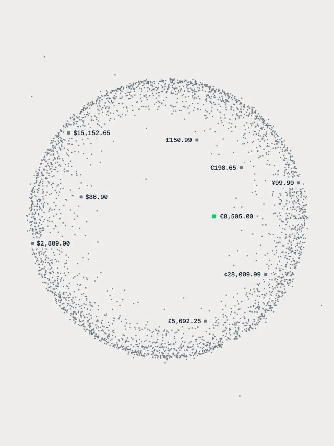 Digital circle chart showing various transaction amounts with a highlighted total by Adyen.