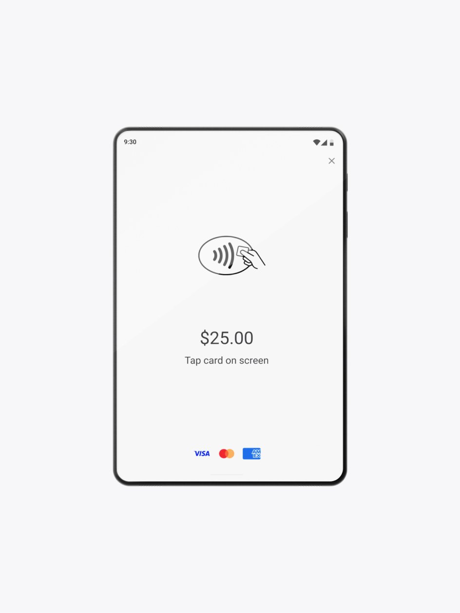 Mobile payment terminal showing a contactless payment prompt for $25.00 with Visa and Mastercard logos.