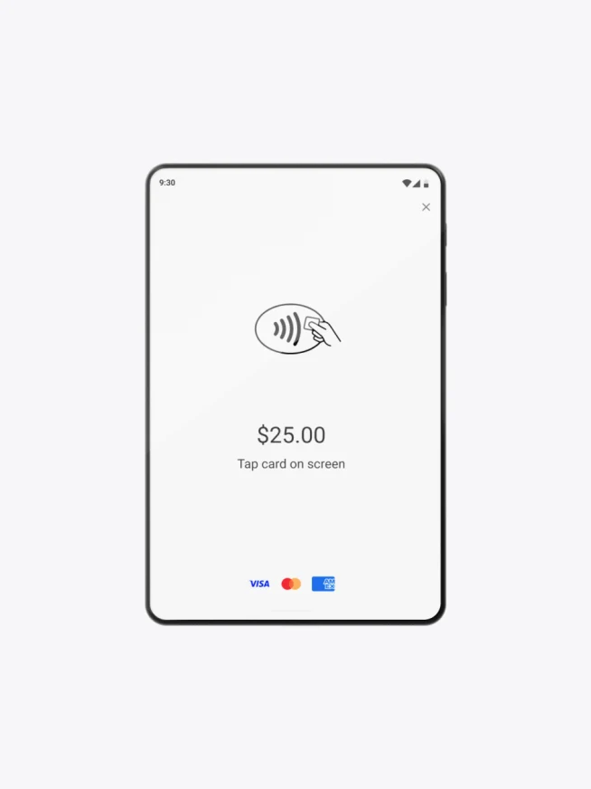 Mobile payment terminal showing a contactless payment prompt for $25.00 with Visa and Mastercard logos.