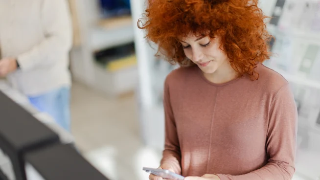 Adyen team member using a smartphone in the office setting