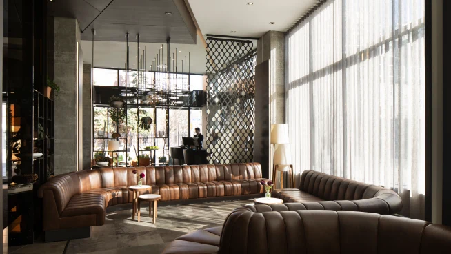 Modern lounge area with plush seating and large windows in an Adyen office environment
