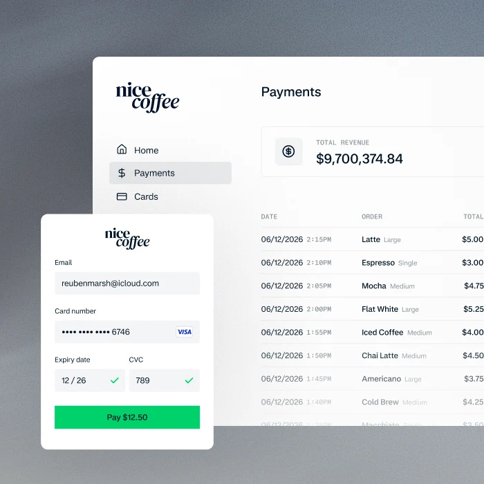 Screenshot of a business payment dashboard showing transaction details and a payment of 12.50 USD made via Adyen.