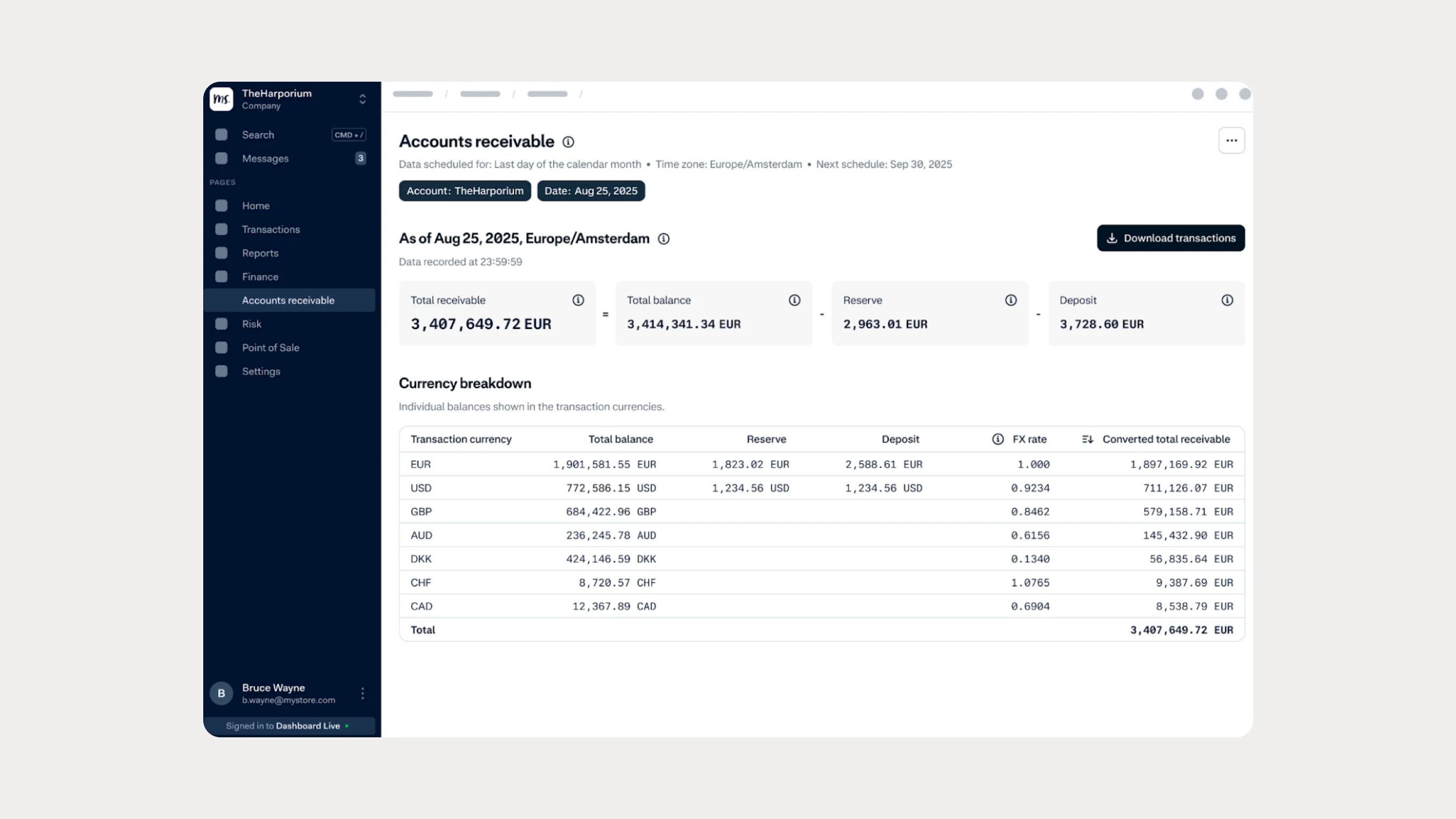 Screenshot of an Adyen account dashboard displaying financial transactions and balances.