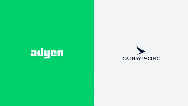 Adyen and Cathay Pacific logos side by side, representing a business partnership alliance.