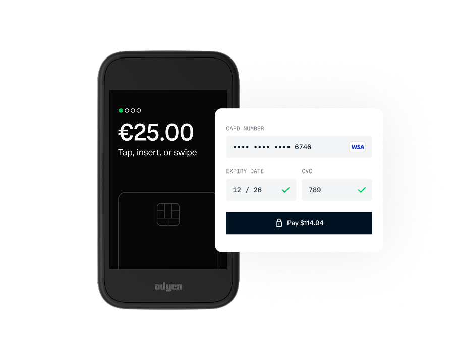An Adyen point-of-sale terminal showing a €25.00 payment prompt ("Tap, insert, or swipe") alongside a checkout form with a Visa card ending in 6746, expiry 12/26 and CVC 789, and a "Pay $114.94" button on a white background.