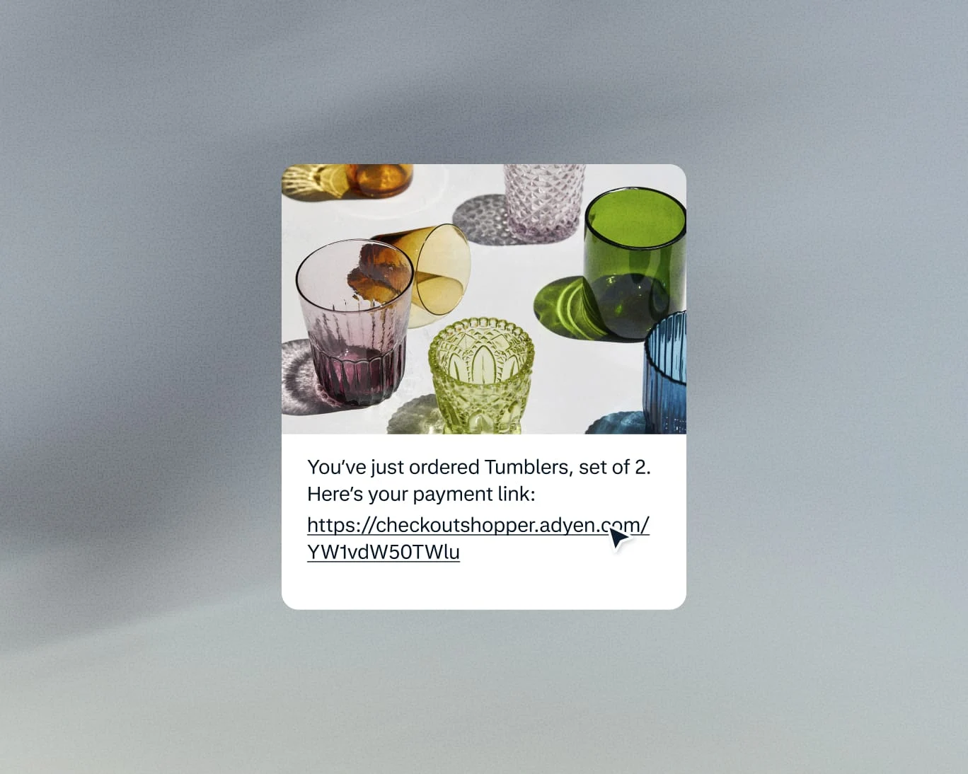 A set of colorful tumblers ordered through Adyen with a payment link displayed.