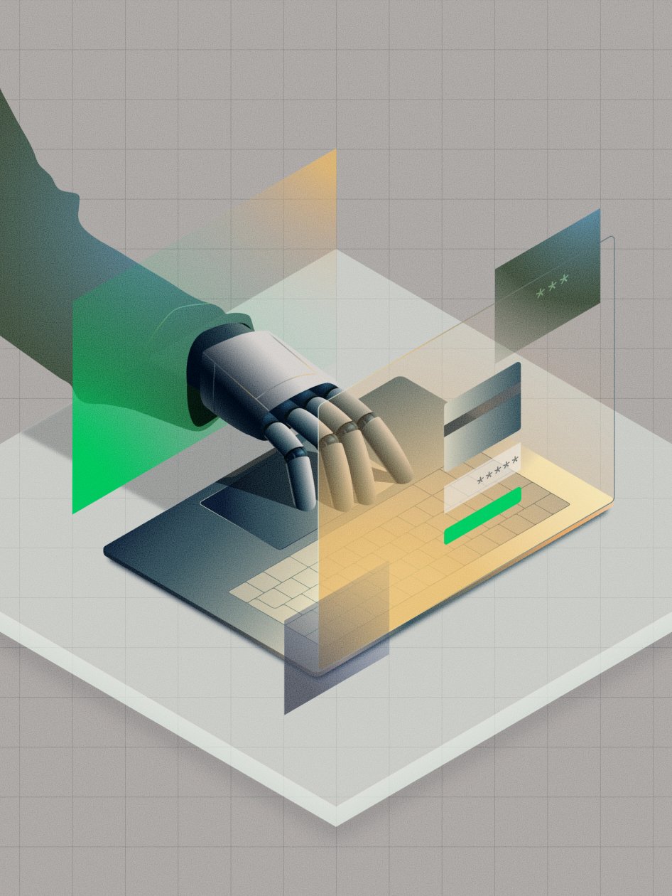Adyen robotic hand interacting with digital payment interface on a laptop screen.
