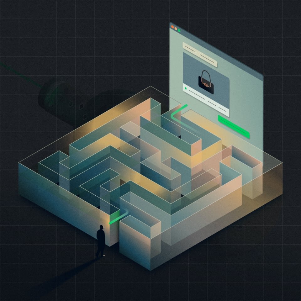 A digital maze representing secure online payment process with an Adyen payment terminal.
