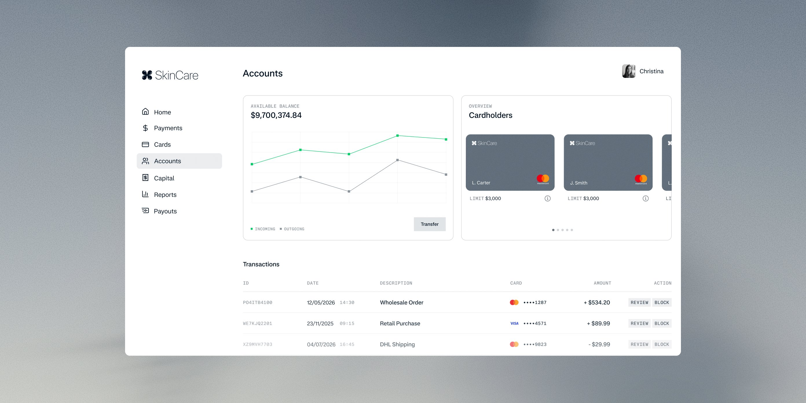 Dashboard interface showing account analytics and payment transactions.