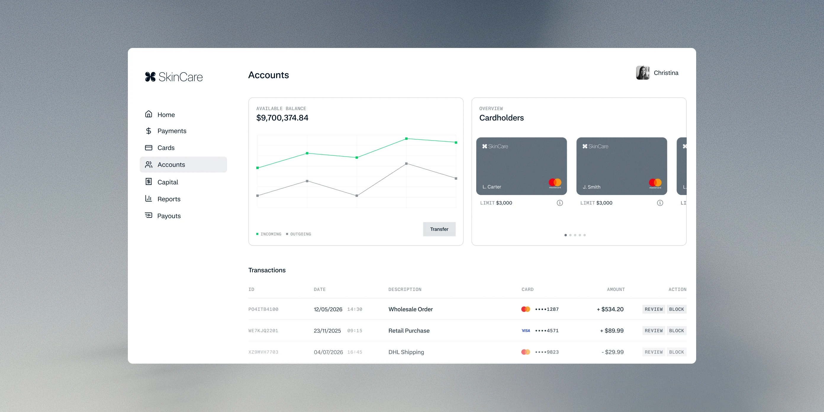 Dashboard interface showing account analytics and payment transactions.