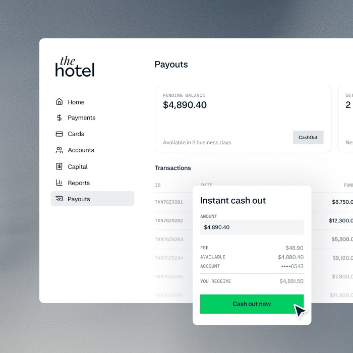 A Payouts page for a fictional hotel showing a pending balance of $4,890.40 