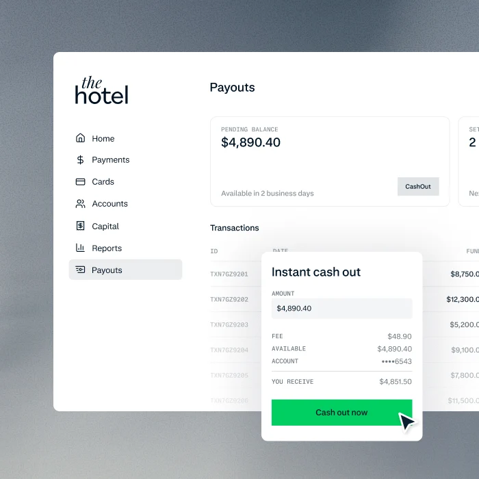 A Payouts page for a fictional hotel showing a pending balance of $4,890.40 