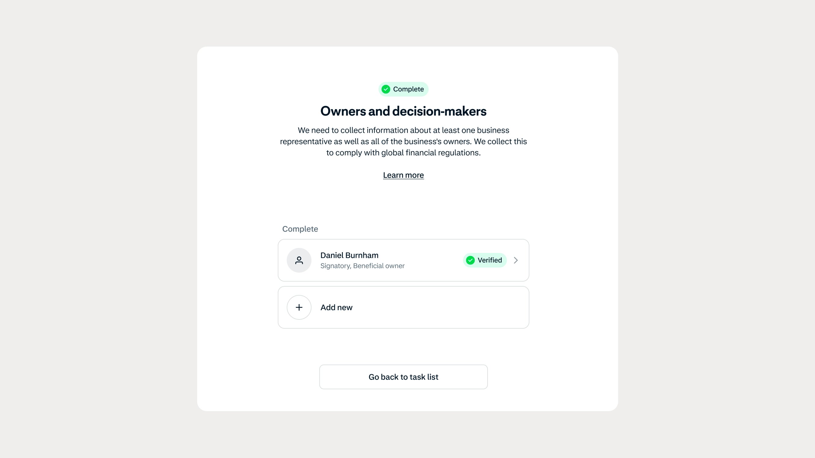 Screen showing a completed owner and decision-makers task in an application interface