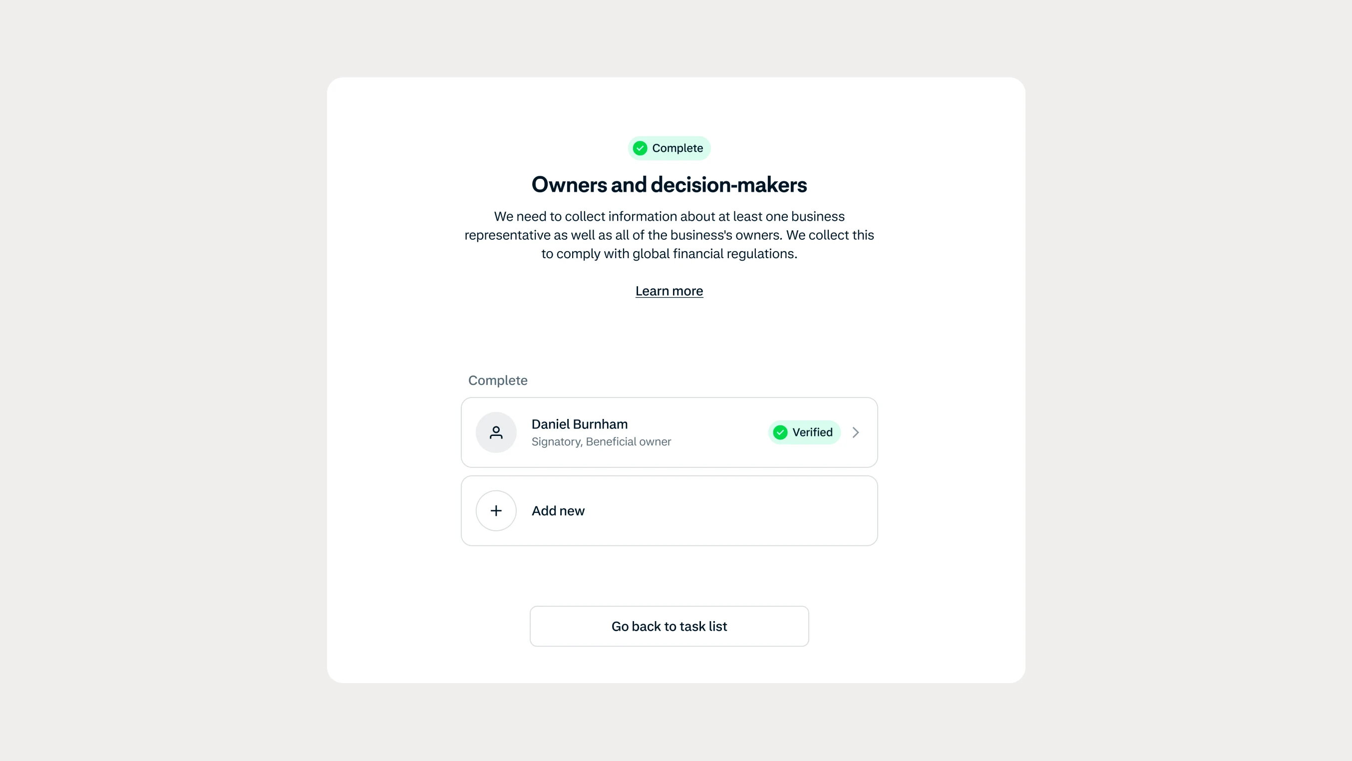 Screen showing a completed owner and decision-makers task in an application interface